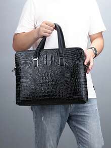 2pcs Men's Commuter Briefcase + Wallet Set, High-End Crocodile Embossed Handbag, Shoulder Bag, Large Capacity Business Laptop Bag, Fashion Random Crocodile Pattern Rectangular Bag With Long Shoulder Strap, Crossbody Bag, Briefcase, Christmas/Valentine's Day Gift For Men - Black - View 2