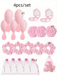 4件套/组、12件套/3组、24件套/6组粉色派对礼品套装，包含6面镜子、6把发梳、6个发圈和6个欧根纱袋，适合作为新娘送礼会回礼、情人节礼物——弹力发带、镜子、发刷、网纱礼品袋、婚礼发饰，也适用于订婚派对、婚礼回礼、新娘送礼会、生日派对、返校礼物、水疗派对、宾客礼物、相框等场合。 - 多色 - 查看 5
