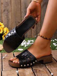 Women's Summer New Casual Fashion Wedge Thick Bottom Slippers, Plus Size Wholesale Open Toe Beach Sandals - Black - View 1