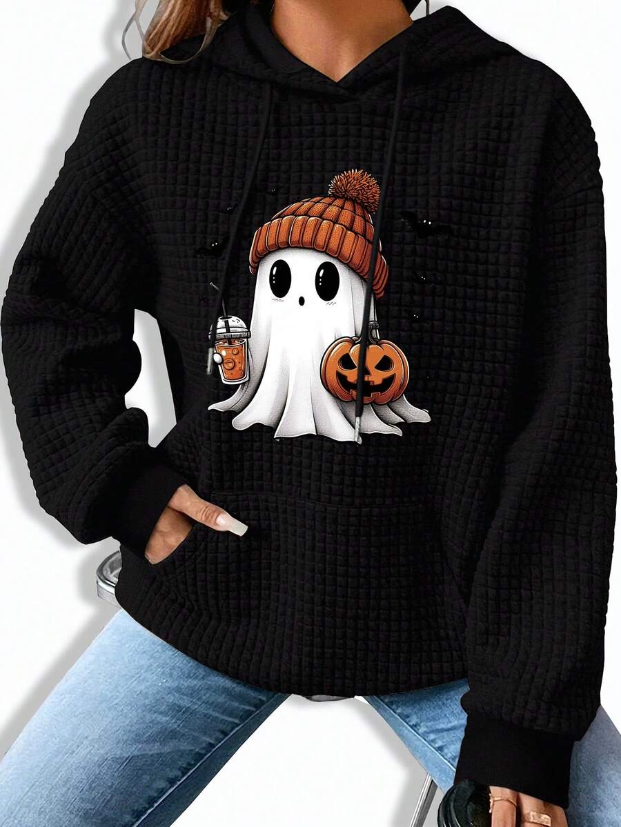 Fun Halloween-Inspired Hoodie For Cool Weather! Features A Cute Ghost Print (With Beanie, Pumpkin & Beverage), Perfect For Fall & Winter. Comfortable, Stylish, And Great For Casual Occasions Or Relaxing At Home. - 黑色 - 查看 1