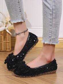 1 Pair Fashionable New Shiny Sequin Women's Shoes With Sequin Bow Decor - Black - View 5