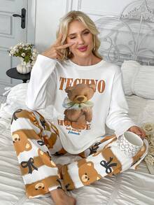 2pcs Women's Casual Bear Print Pajama Set, Striped White Long Sleeve Top And Long Pants - White - View 6