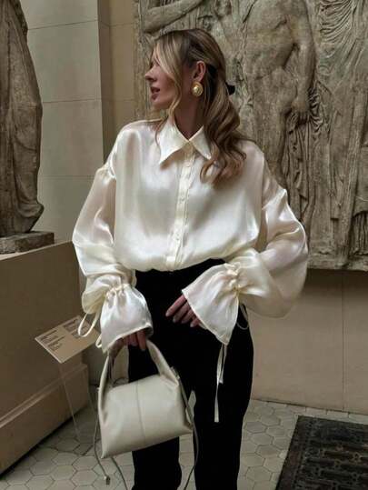 Camicetta in raso con bottoni frontali di colore unito - Cardigan lasco con bordi a costine, design con cintura in vita, elegante top a maniche lunghe di alta qualità per donna