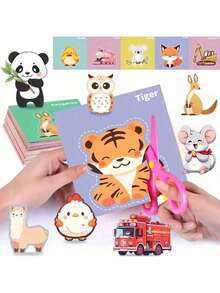 90pcs/Set Children's DIY Paper Cutting Art Set, Includes Scissors, 10pcs/Set Paper Plate Stickers, Montessori Educational Cutting Toys, Vivid Patterns, Creative Handicraft Set, Enhance Parent-Child Relationship, Exercise Fine Motor Skills, Enjoy Holiday Fun