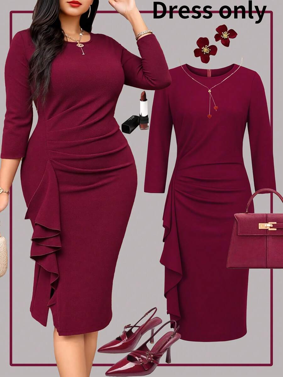 优雅女士连衣裙，纯色简约百搭，荷叶边下摆，性感修身，七分袖，圆领，收腰中长裙，弹力柔软面料，适合女士婚礼宾客、派对、节日穿着。 - 酒紅色 - 查看 1