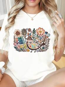 Camiseta de Mujer con Cuello Redondo y Mangas Cortas, Estampado Divertido de Aves Florales, Camiseta Negra para Mujer, Estilo Casual, Manga Corta, Estilo Boho, Camiseta Gráfica, Ropa de Verano a la Moda, Adecuada para el Día de San Valentín, Fiestas de Navidad, Actividades Deportivas, Fiestas de Vacaciones, Salidas, Deportes y Otros Regalos Festivos (220g). - Negro - Ver 3