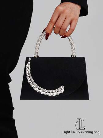 奢华毛绒水钻装饰手提包，优雅毛绒钻石晚宴包，适合婚礼、派对、正式场合