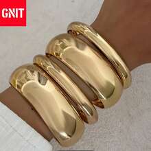 GNIT 18K Gold Plated Thick Bangle Bracelet, Minimalist Fashion Stacking Bracelet, Suitable Jewelry Accessory For Girls And Young Women - Gold - View 3