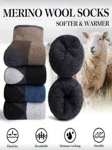 5双装男士加厚保暖中筒袜，保暖内衬，适合秋冬季户外活动，如徒步旅行、滑雪等。 - 彩色 - 查看 3