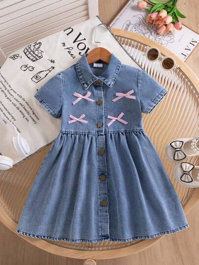 Young Girl 3D Bow Collar Short Sleeve Single Breasted Casual Denim Dress, Suitable For Summer Casual Outing And Commute