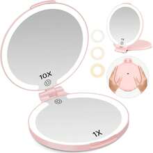 FUNTOUCH - Espejo de viaje con luz, 10 x 1 x doble cara, espejo de cambiador de maquillaje recargable con 3 ajustes de color, rotación ajustable LED espejo de computadora, color rosa - rosa - Ver 1