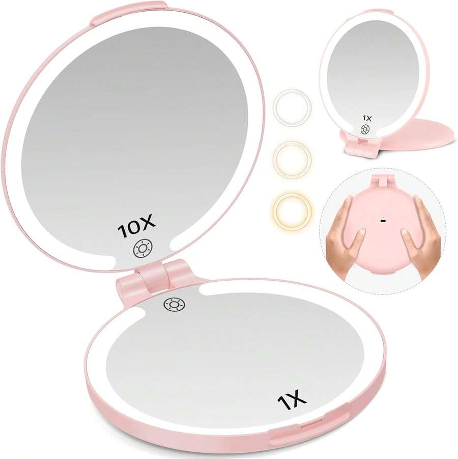 FUNTOUCH - Espejo de viaje con luz, 10 x 1 x doble cara, espejo de cambiador de maquillaje recargable con 3 ajustes de color, rotación ajustable LED espejo de computadora, color rosa - rosa - Ver 1