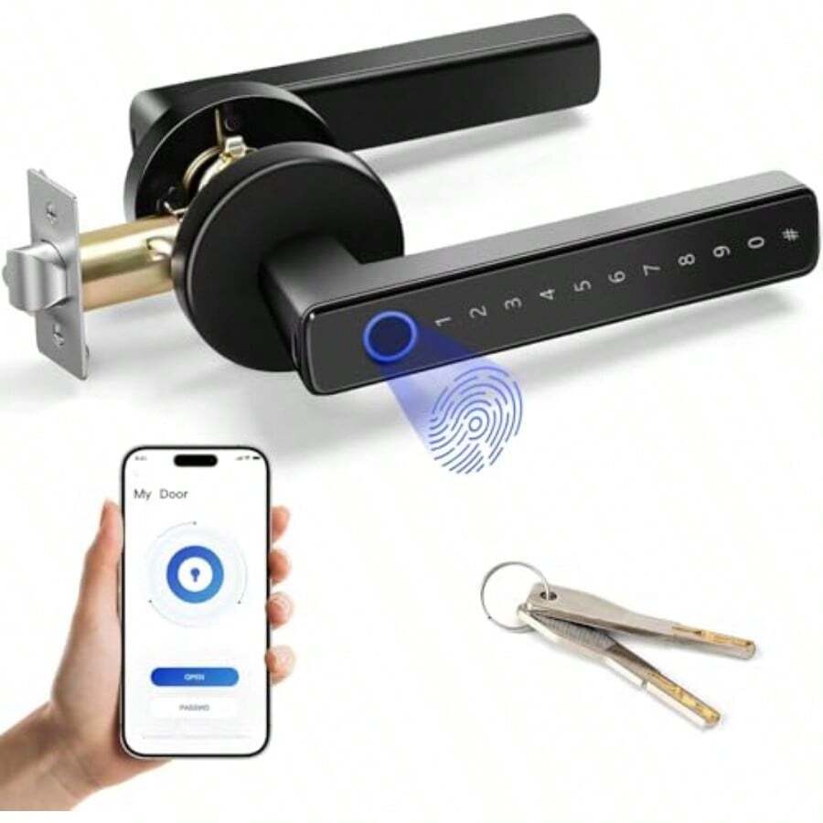 Smart Door Lock - 5 In 1 Fingerprint Door LockZinc Alloy With APP/IC Card/Passcode/Key/Fingerprint Biometrics Digital Door Lock Single Side Smart Door Handle For Home Bedroom Hotel - As Pic - View 1