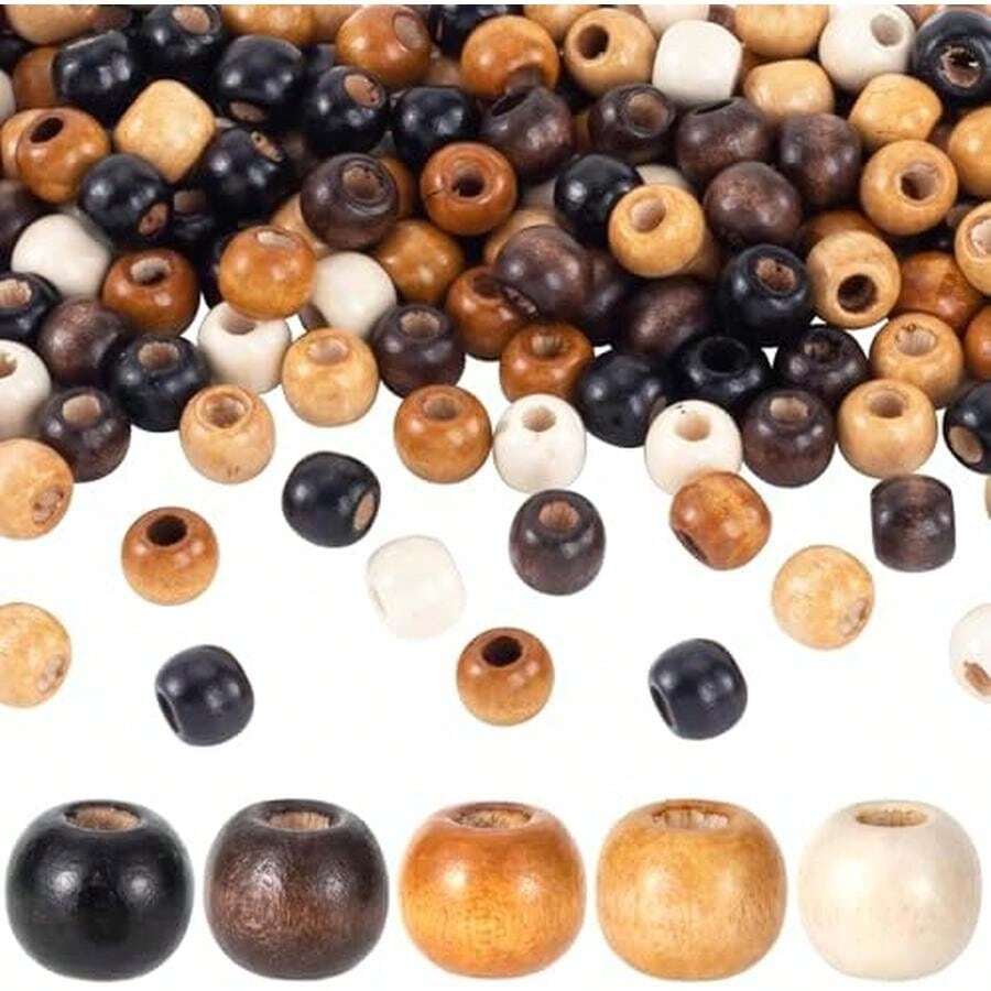 100pcs Large Hole Wooden Craft Beads, 9x10mm Round Natural Wood Hair Bead, Vintage Rosary Loose Spacer For Jewelry Necklace Bracelet Making DIY Macrame Braids Craft - 5 Colors - 100pcs 5 Colors 9x10mm - 查看 1