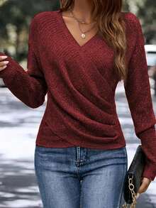 Women's Elegant V-Neck Wrap Knit Top - A Versatile Long Sleeve Sweater Perfect For Modern Women's Daily Casual Outings, Office Chic Looks, And Effortlessly Stylish Gatherings  Workout Tops  Ski Outfit Women  Women's Winter Clothing Of Women's Winter Clothing Women's Winter Fashion Women's Winter Promotion Of Women's Winter Clothing  Christmas  Halloween Christmas Gift - 紅色 - 查看 1