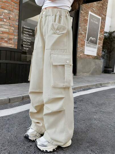 1件装少女工装裤，宽松直筒裤型，适合休闲、运动、日常穿着，多口袋设计，四季皆宜