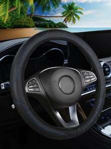 1pc Non-Slip Leather Embossed Steering Wheel Cover, Comfortable Soft Auto Accessory Fits 14.5-15 Inch - Blue - View 2