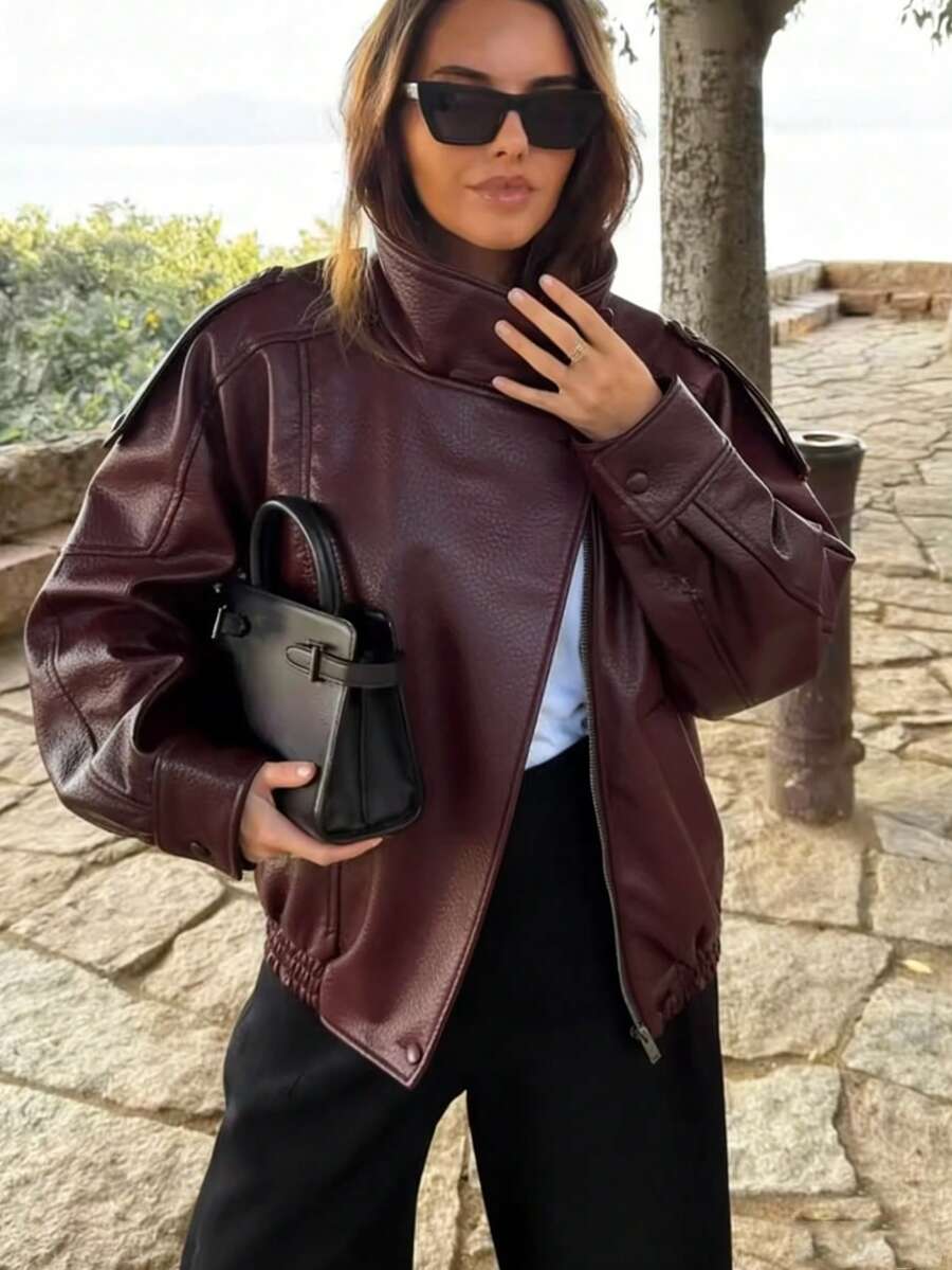  Women Stand Collar PU Leather Jacket Lady Chic Outwears Full Sleeve Coat Fashion Causal Zipper Outwear Autumn Winter - Màu Đỏ Sâu - Xem 1