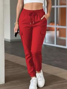 Women's Fashion Elegant Solid Color Casual Pocket Elastic Waist Drawstring Cargo Pants Spring - Red 2 - View 3
