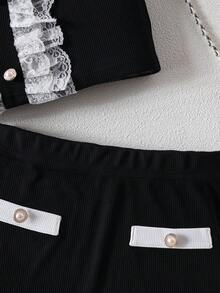 夏季女童优雅蕾丝拼接无袖上衣和迷你裙两件套 - 黑色 - 查看 9