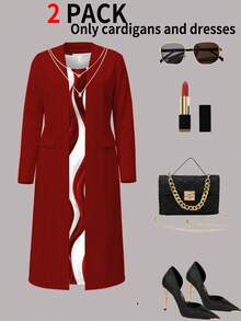 春季大码女装套装，开襟羊毛长袖外套搭配抽象波浪印花无袖连衣裙，春季正式职场两件套，优雅时尚 - 紅色38 - 查看 2