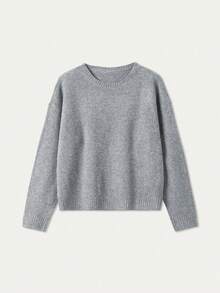 FOR BEAUTY 纯色简约圆领长袖针织衫，宽松通勤款套头衫 - 淺灰色 - 查看 5