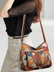 New Women's Casual Shoulder Bag, PU Leather Patchwork Crossbody Bag, Fashion Minimalist Design - Multicolor - View 6