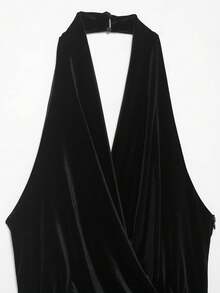 فستان أنيق بدون أكمام وظهر مكشوف مزين بشراريب من المخمل للنساء، فستان عصري للحفلات والعطلات والأعمال الرسمية والمناسبات - الأسود - مشاهدة 4