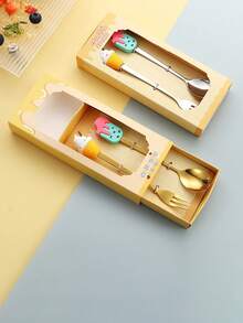 1 pièce/2 pièces Ensemble cadeau de couverts en acier inoxydable - cuillère à dessert et fourchette de dessin animé, brasseur à café, fourchette à fruits - Multicolore - Voir 6