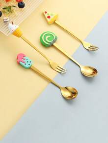 1 pièce/2 pièces Ensemble cadeau de couverts en acier inoxydable - cuillère à dessert et fourchette de dessin animé, brasseur à café, fourchette à fruits - Multicolore - Voir 7