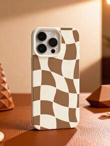 适用于 16 Pro Max/15 Plus/14 Pro 的 1 件装手机壳，个性独特，亲肤软胶材质，美式复古风格，焦糖色波浪纹棋盘格印花，轻薄防滑 - 米色 - 查看 5
