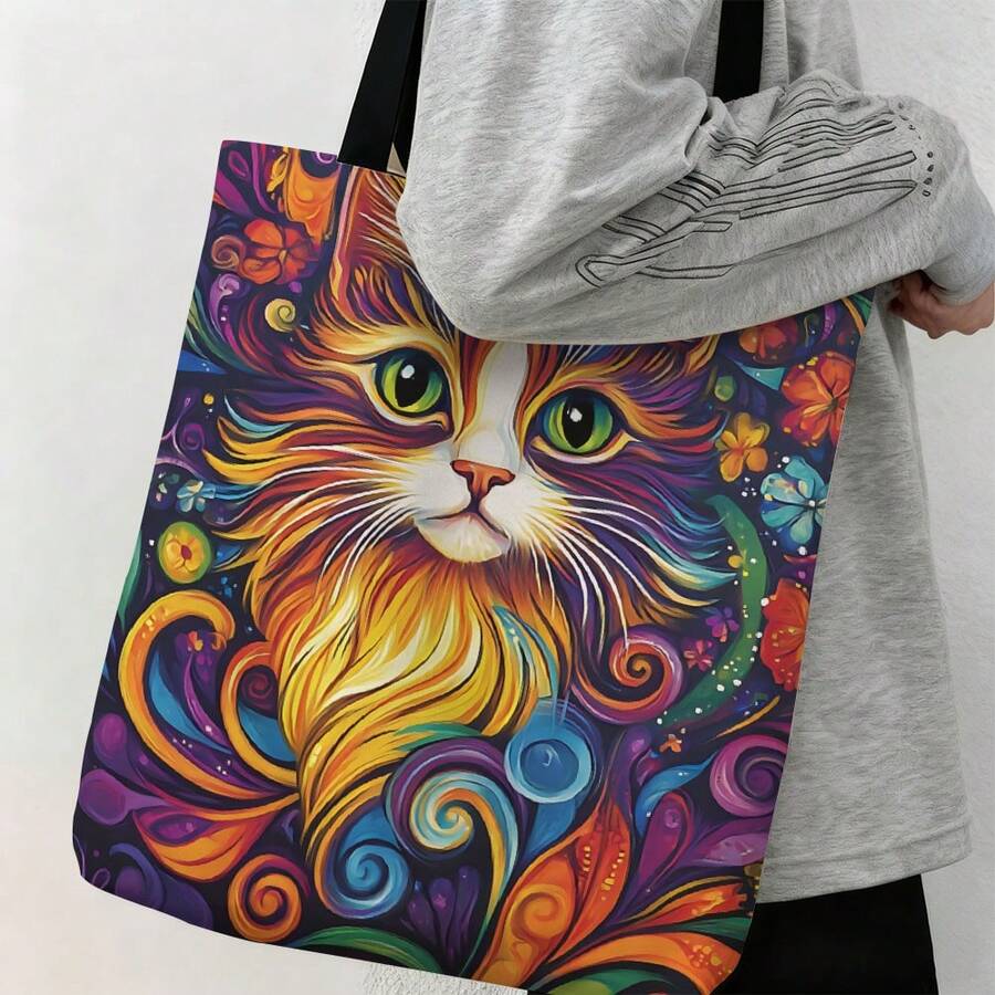 This Adorable Black Cherry Print Tote Bag (Double-Sided Design) Adds Sweet Vitality To Your Outfit, Making It The Perfect Choice For Everyday Styling! Made Of Washable Polyester Canvas Material, It Is Easy To Clean And Durable. With A Fixed Shoulder Strap, It Can Be Used As Both A Shoulder Bag And A Handbag, Convenient For Travel And Carrying. - Canvas Bag (black Rope) - View 1