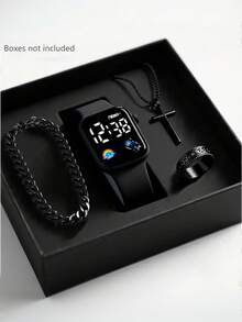 4pcs/Set Men's Business Casual Square Electronic Watch And Necklace, Ring, Bracelet Set, Casual And Fashionable Style, The Best Choice For Gift Giving, Suitable For Men's Gatherings, Daily Wear On Business Trips, Perfect Gift For Friends, Birthday Gift, Father's Day, Christmas, Halloween, Men's Ideal Gift(Box Not Included) - Black - View 10