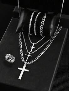 7pcs/Set ,3pcs/Set ,2pcs/Set Men's Cross Pendant Necklace, Hollow Chain Bracelet, And Ring Set, Stainless Steel, Non-Allergenic, Non-Fading, Sports, Business, Luxury Casual Gifts - Multicolor - View 1