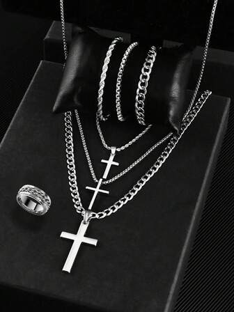 7 st/set, 3 st/set, 2 st/set herrhalsband med korshänge, armband med ihålig kedja och ringset, rostfritt stål, allergivänlig, bleknar inte, sport, företag, lyxiga presenter