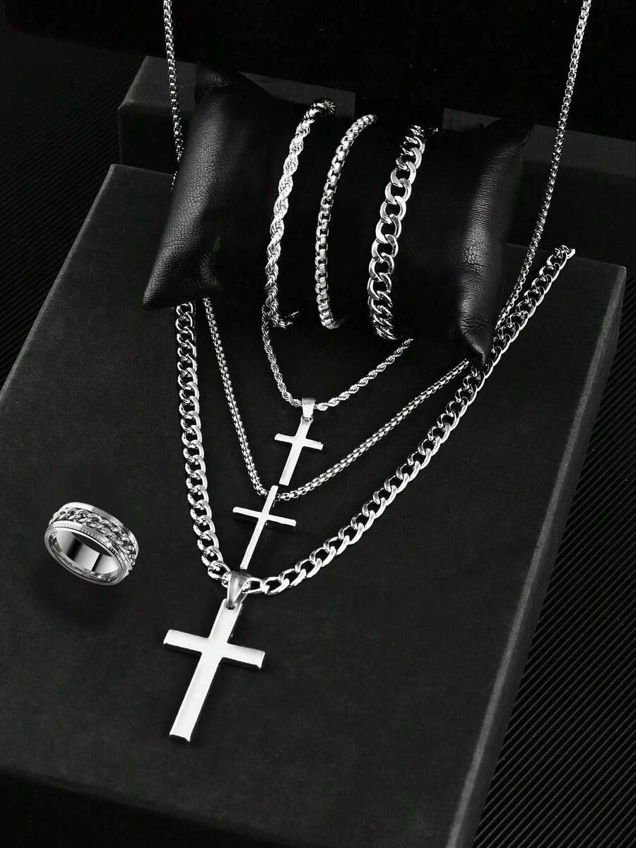 7pcs/Set ,3pcs/Set ,2pcs/Set Men's Cross Pendant Necklace, Hollow Chain Bracelet, And Ring Set, Stainless Steel, Non-Allergenic, Non-Fading, Sports, Business, Luxury Casual Gifts - Multicolor - View 1