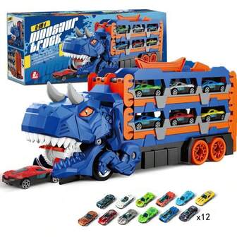 1 Set Dinosaur Car Toy Series, Transport Storage Track Truck, Includes 12 Alloy Cars, Suitable For 3-6 Years Old Boys, Dinosaur Truck Transformable Tyrannosaurus Launcher, Foldable Track Transformable Cargo Truck, Children Car Racing Track Toy, Children Toy Christmas/Back To School Gift