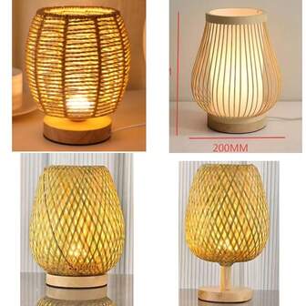 Traditional Woven Rattan-Style Table Lamp, USB Powered Wooden Base With Hollow-Out Linen Shade, Energy-Efficient Uplight For Bedroom, Living Room, Study, Dining Room, Multi-Room Decorative Ambient Lighting - 1PC