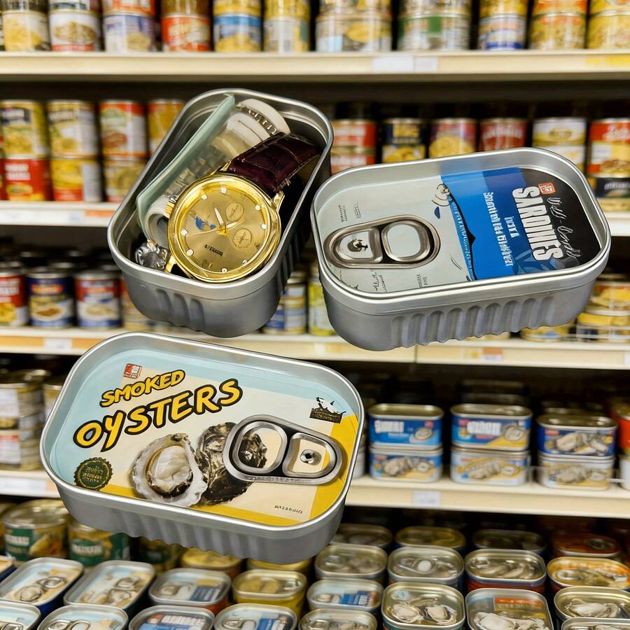 1个鱼罐头造型金属储物盒，趣味小猪存钱罐，安全隐蔽转账盒，适合存放珠宝、现金、卡片、药品，完美融入家居厨房，沙丁鱼和牡蛎图案可选 - 彩色 - 查看 1