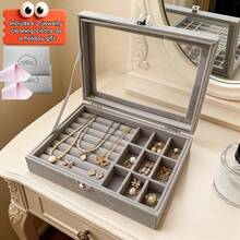 1 organisateur de bijoux avec couvercle transparent pour femmes - organisateur de bagues, boucles d'oreilles et bracelets avec couvercle transparent et support de table rembourré. Un coffret à bijoux en velours de luxe pour ranger élégamment les bagues et les boucles d'oreilles, décoration de la pièce - Multicolore - Voir 9