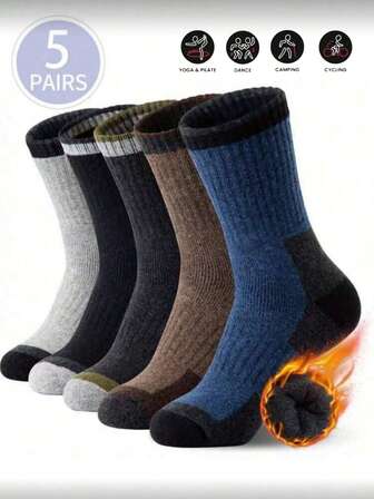 5 Pairs Men's Thick Thermal Crew Socks, Warm Thermal Lined, Suitable For Outdoor Activities Like Hiking, Skiing In Autumn/Winter