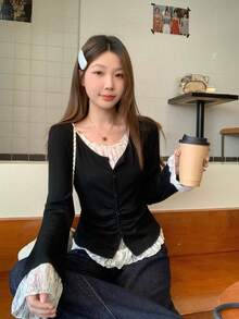 轻薄宽松休闲新款春秋季女式优雅韩版蕾丝拼接二合一打底T恤