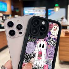 Funda para teléfono con fantasmas y adorables iconos, compatible con teléfonos ,  17,  16 Pro Max,  15 Pro Max,  13 y  12. Fabricada en TPU, ofrece protección contra golpes y caídas. Ideal para amantes de los libros, fanáticos de Halloween y amigos con gusto por los diseños originales. Un regalo encantador para cualquier ocasión y una excelente manera de expresar tu lado más misterioso. - Negro - Ver 2