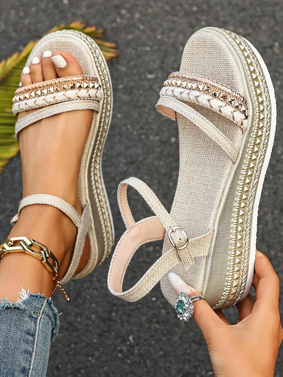 Summer Fashion Women's Wedge Sandals, Bohemian Style Rivet Open-Toe Design With Ankle Strap, Breathable And Comfortable Casual Elegant Flat Shoes