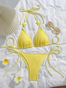 New Sweet Textured Fabric Bikini Set, 2pcs Halter Neck Swimwear For Beach Vacation, Spring/Summer - Yellow - View 1