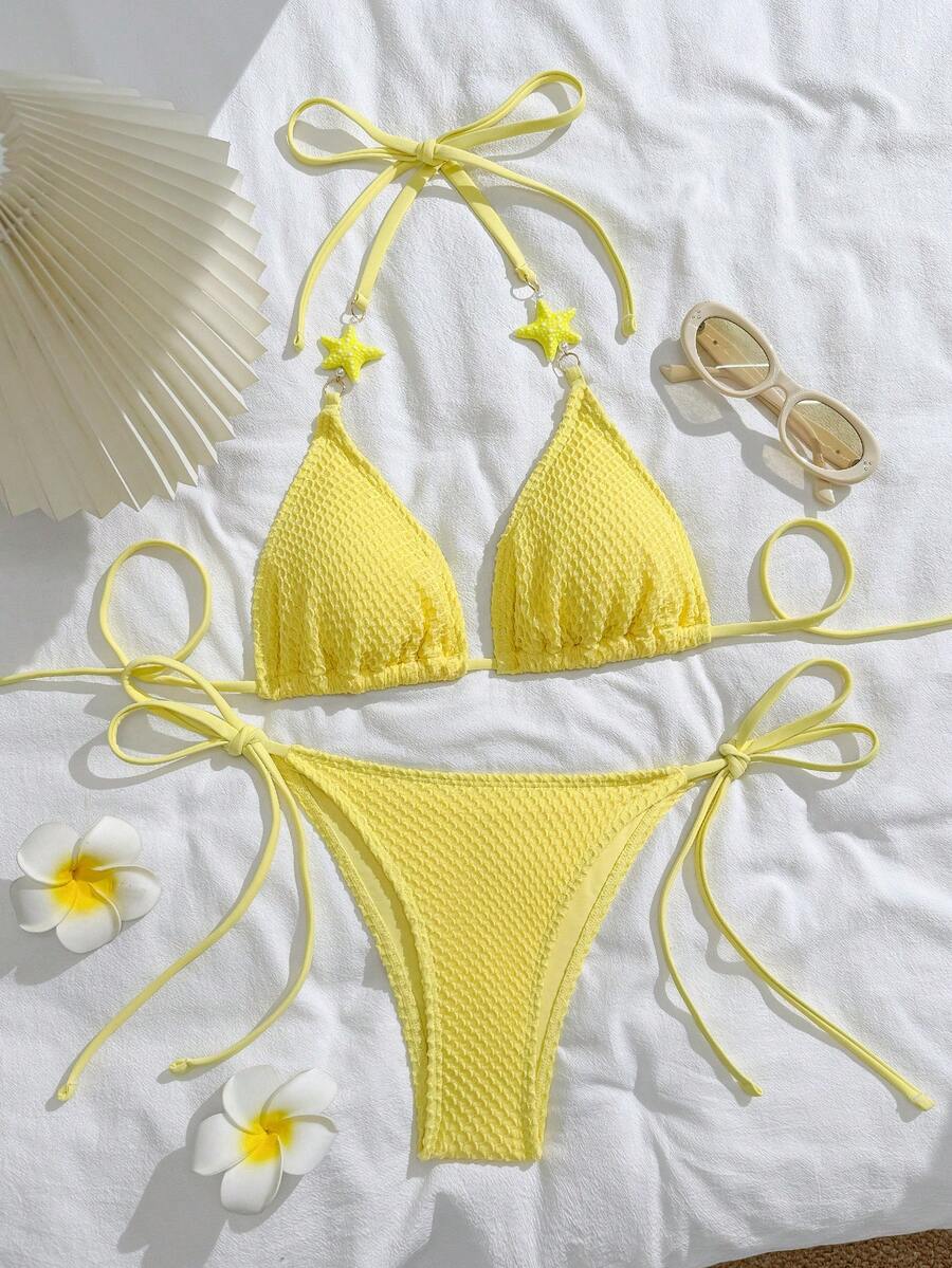 New Sweet Textured Fabric Bikini Set, 2pcs Halter Neck Swimwear For Beach Vacation, Spring/Summer - Yellow - View 1