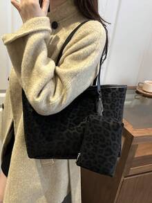 Bolso de mano de estilo minimalista con parches y estampado de leopardo falso, decoración con hebilla de color contrastante, set de 2 piezas de gran capacidad y versátil, bolso bandolera, adecuado para uso diario, compras, todo el año, opción práctica y de estilo minimalista para mujeres - Multicolor - Ver 9