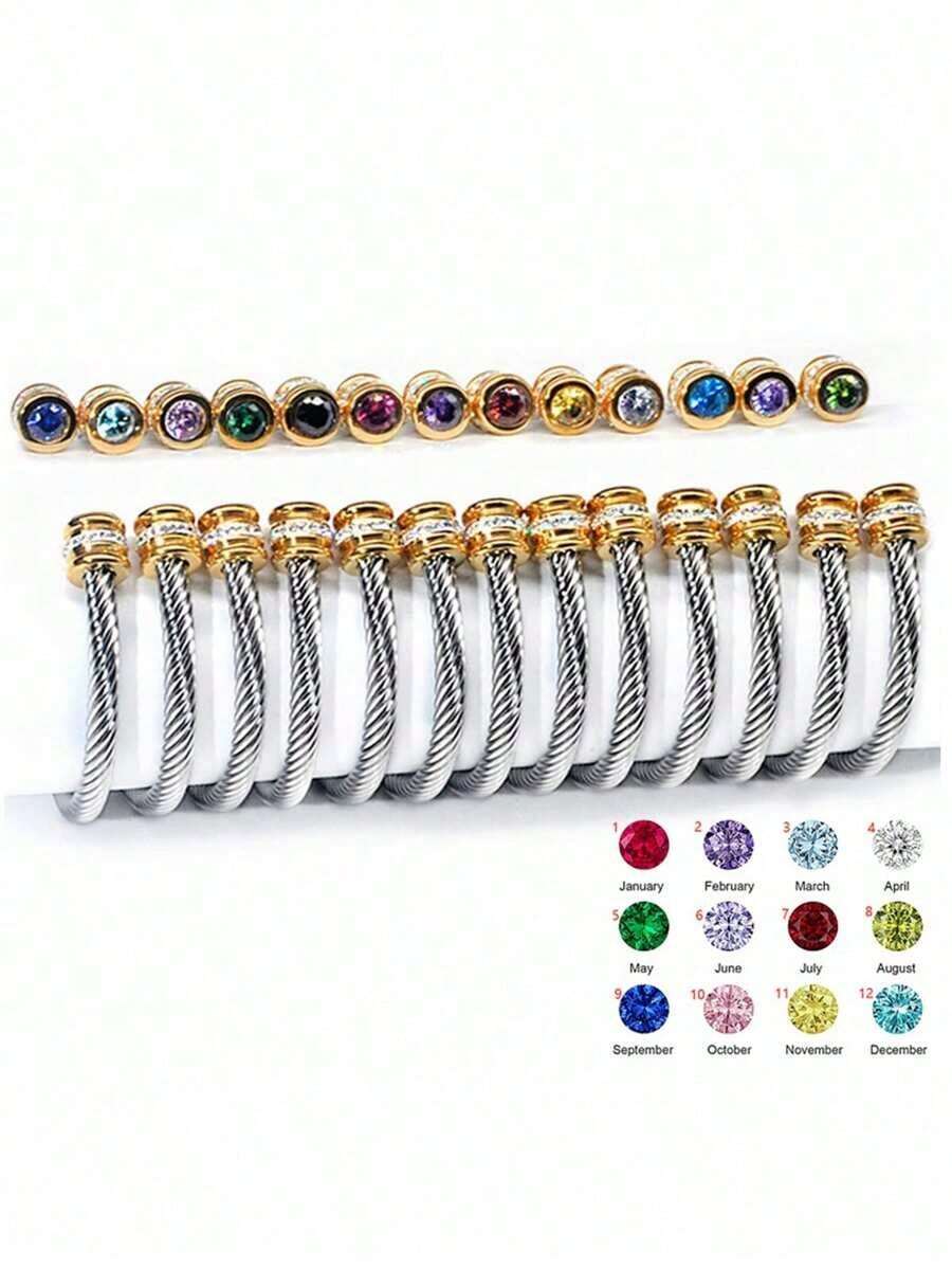 MECYLIFE 1 Piece Stainless Steel Cable Bracelet Two Color Twelve Birthstone Bracelet Suitable For Women To Wear - 銀色 - 查看 1