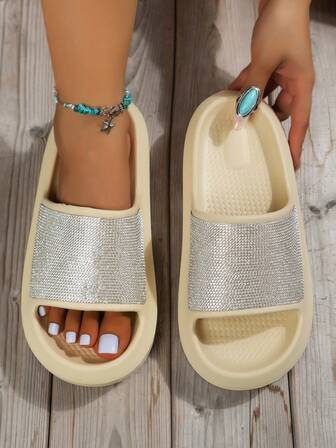 Chanclas de playa/casa con adornos de strass y lentejuelas para niñas, con suela gruesa cómoda y correa deslizante para interiores/exteriores, adecuadas para la playa