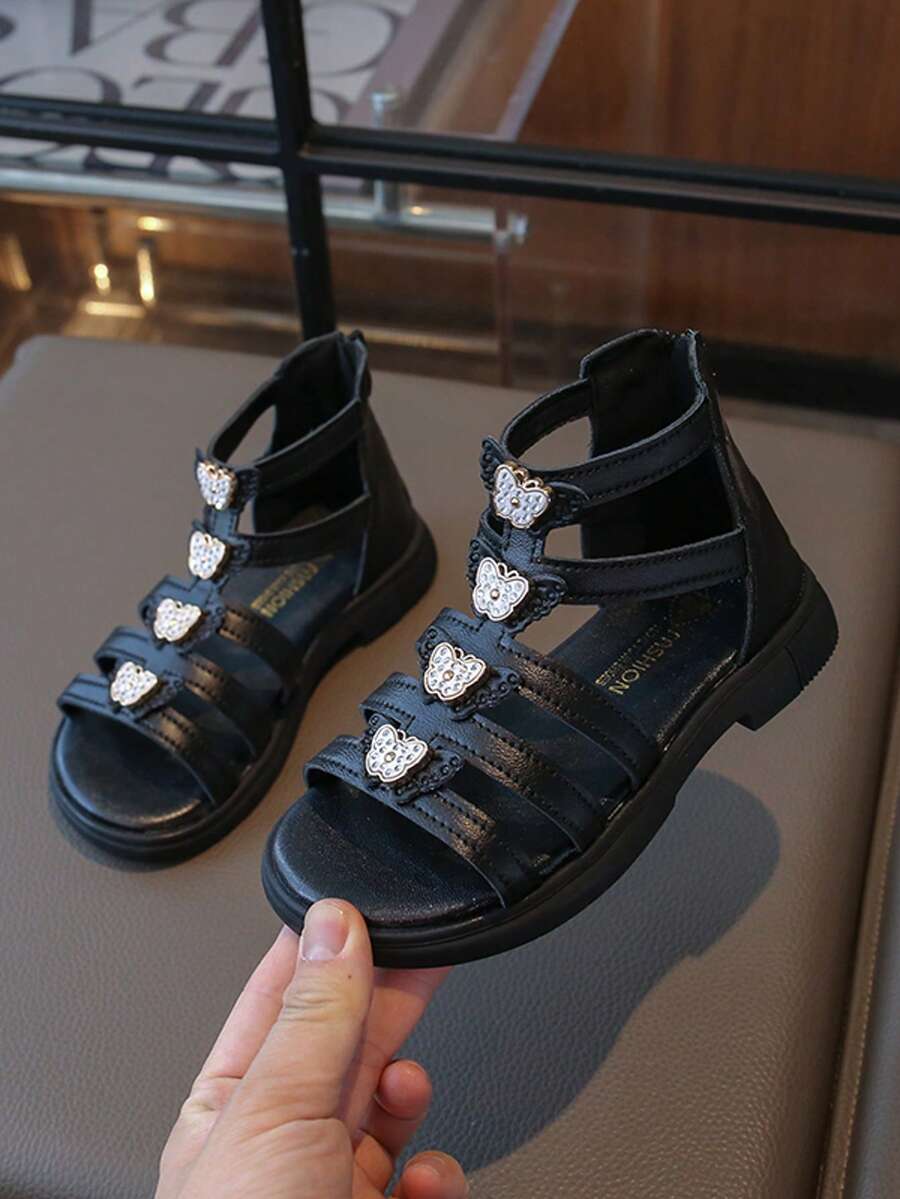 Girls' Roman Sandals, New Spring/Summer 2025 Collection, Korean Fashion, Summer, Little Girls' High-Top Princess Shoes - Black - View 1